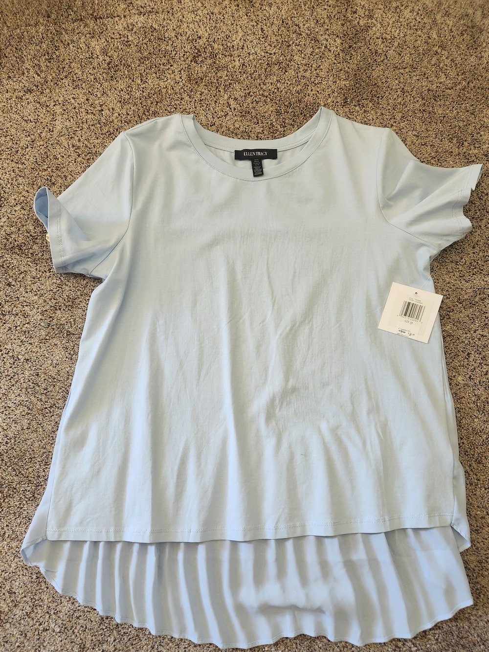 Ellen Tracy Women Cloud Blue Crewneck T-Shirt, Sz M, PLEATED back